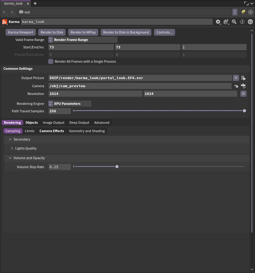 karma_look configurado para el frame de prueba (73). Para el render completo, Start/End 1 y 240.