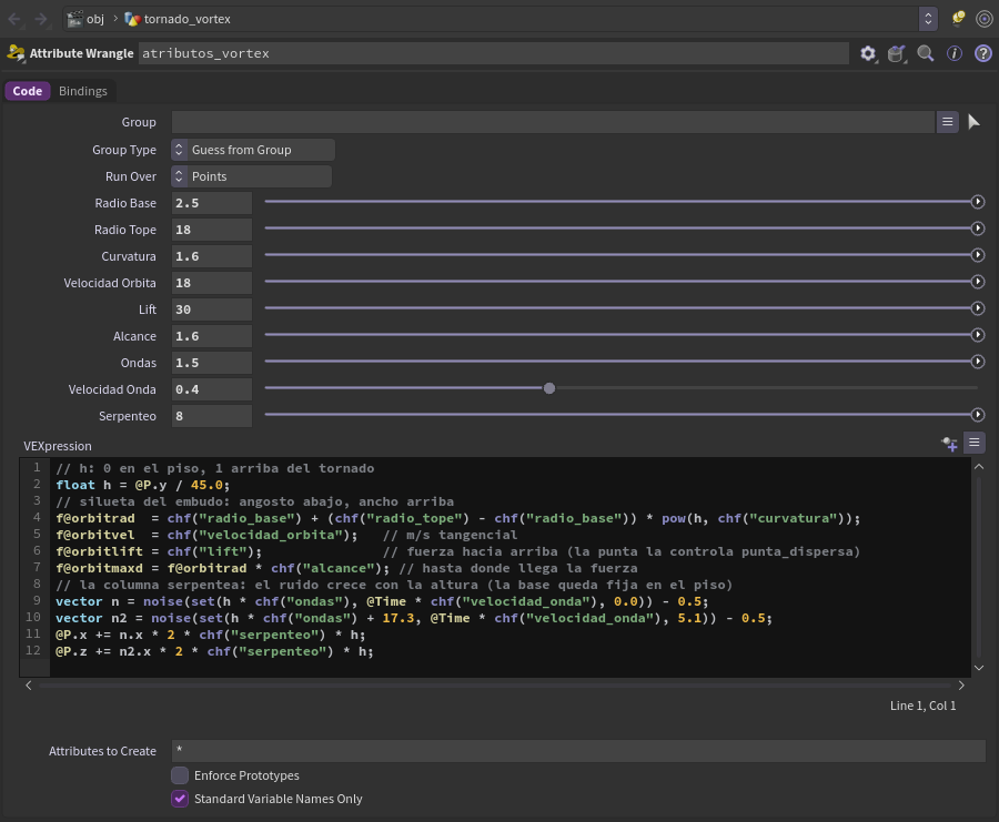 Nodo atributos_vortex con el código y los sliders